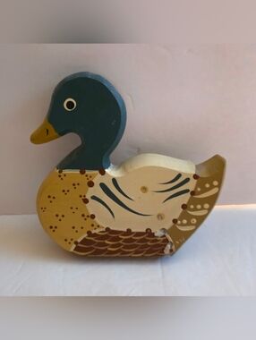 Vintage Wooden Duck Wall Plaque Mallard Duck Shelf Sitter Folk Art Hand Painted